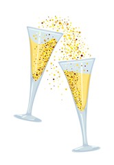 Icon of glasses with champagne and sparkles. Vector illustration