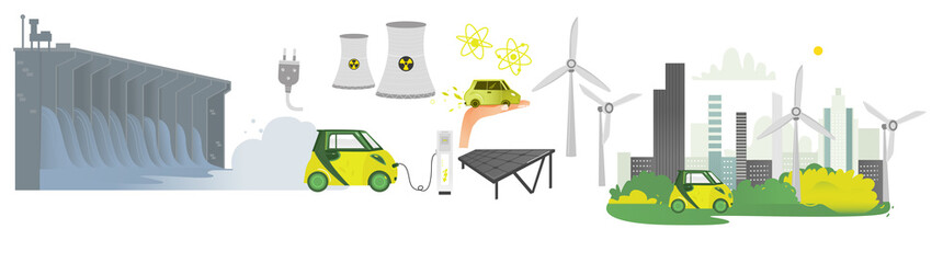 vector flat renewable, alternative energy icon set. Hydroelectric dam, solar panel, nuclear reactor, windmill, power plants, power plug with wire, electric car charging, modern green city isolated.