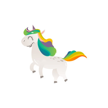 Vector cartoon funny stylized unicorn walking, smiling with rainbow colorful hair and horn. Fairy mysterious creature, isolated illustration on a white background