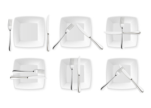 Realistic cutlery and signs of table etiquette, vector icons isolated on white background. Fork, knife and dish plate set. Design template, mockup of tableware. Top view