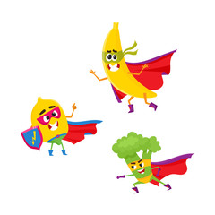 vector flat cartoon funny fruit, vegetable character in masks set. Lemon holds shield , broccoli ready to fight, banana standing in cape. Isolated illustration on a white background.