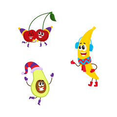 Vector flat winter fruit characters icon set. Happy banana character in warm scarf, boots, headphones, pear, cherry having fun in party hat. Isolated illustration on a white background