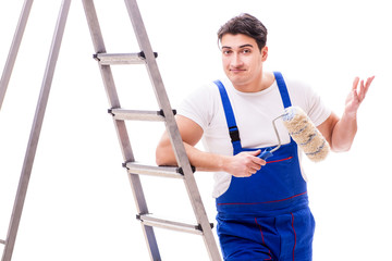 Young painter man with ladder isolated on white background