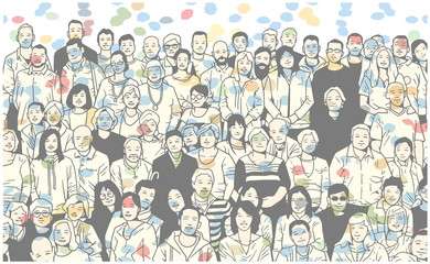 Illustration of group of people smiling and posing for a photograph in colorful festive atmosphere