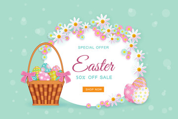 vector easter holiday poster, banner background template with spring festive elements - decorated eggs in wicker basket, daisy flowers with leaves for your design. Illustration on green background.