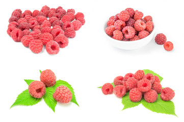 Collage of raspberry with leaf over a white background