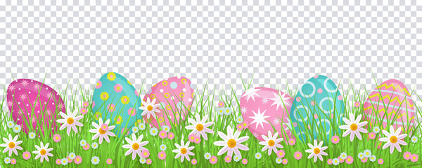 Painted egg lying in spring grass and flowers, Easter decoration border, flat vector illustration isolated on transparent background. Easter decoration element with painted eggs and spring flowers