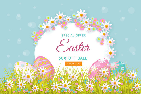 vector easter holiday poster, banner background template with spring festive elements - decorated eggs at green grass meadow, daisy flowers for your design. Illustration on green background.