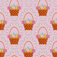 vector easter holiday seamless pattern with spring festive elements - wicker basket with flowers, decorated eggs and daisy flowers with leaves. Flat style illustration on pink background