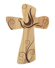 Christian cross with dove on wood. Religious sign