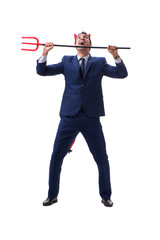 Evil devil businessman with pitchfork isolated on white backgrou