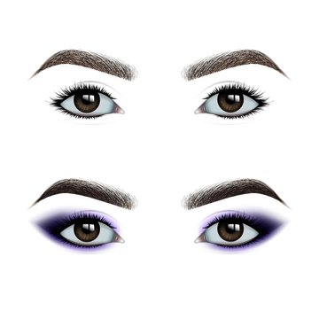 Female eyes before and after makeup. A set of eye shadow. Realistic vector illustration