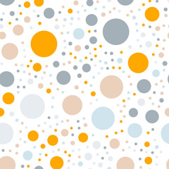 Colorful polka dots seamless pattern on white 7 background. Incredible classic colorful polka dots textile pattern. Seamless scattered confetti fall chaotic decor. Abstract vector illustration.