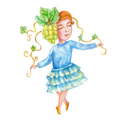 Watercolor cute berry girl in blue dress, hand drawn yellow grape illustration isolated on white background, character design for cosmetic, greeting card, fashion mascot, children invitation