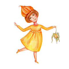 Watercolor cute berry girl in orange dress with leaf, hand drawn physalis illustration isolated on white background, character design for cosmetic, menu, greeting card, fashion mascot, children invite