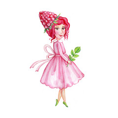 Watercolor cute berry girl in pink dress with leaf, hand drawn raspberry illustration isolated on white background, character design for cosmetic, menu, greeting card, fashion mascot, children invite