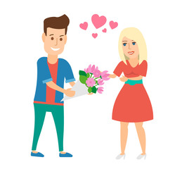 man giving  a bouquet of flowers to woman