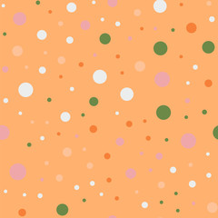 Colorful polka dots seamless pattern on bright 14 background. Delightful classic colorful polka dots textile pattern. Seamless scattered confetti fall chaotic decor. Abstract vector illustration.