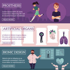 Vector bionic organs in modern medicine conceptual infographic posters with space for text illustration. Modern technologies in prosthetics, making robotic internal organs and bioprinting design.
