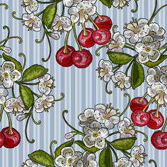 Embroidery cherry blossom tree and cherry fruit berry seamless pattern. Fashion template for clothes, textiles, t-shirt design
