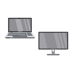 vector flat modern slim laptop computer with wide monitor screen and keyboard and tv set, plasma panel or monitor icon set. Consumer electronics, home appliance. Isolated illustration white background