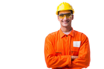 Construction worker wearing hard hat isolated on white