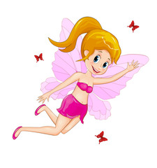 Pink spring fairy. Flying fairy and butterflies
