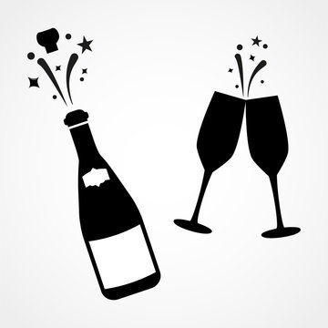 Champagne bottle and two glasses black silhouette icons. Simple vector illustration.