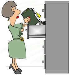 Illustration of a female file clerk standing on her tip-toes looking at the top drawer.