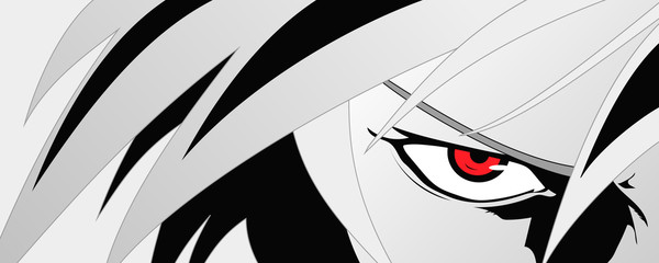 Fototapeta premium Twarz anime z czerwonymi oczami z kreskówki. Baner internetowy na anime, mangę. Ilustracji wektorowych