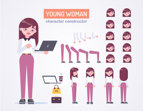 Office young womanl character with various views, face emotions, poses, with glasses, laptop and bag .Front, side, back view animated character. Vector clip art