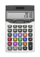 Happy New Year 2018 on silver calculator with multi color button and top view for mathematics or financial calculate isolated included clipping path