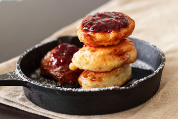 Homemade Pancakes with Raspberry jam. Breakfast concept.