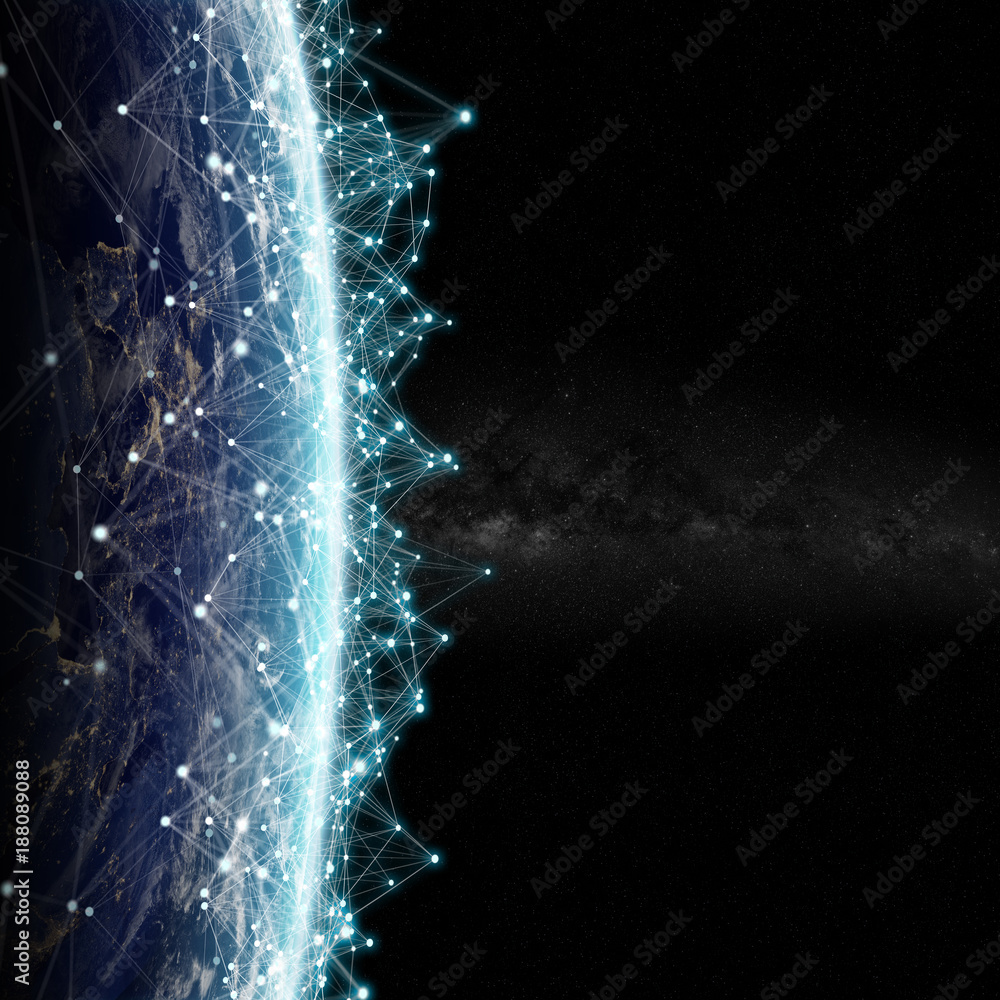 Poster Connections system and datas exchanges on planet Earth 3D rendering