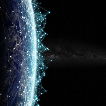 Connections system and datas exchanges on planet Earth 3D rendering