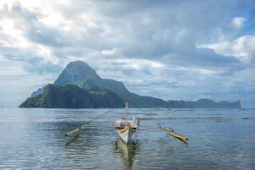 El Nido beautiful Cadlao island view with bangka boat in Palawan island, Philippines