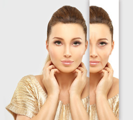 Aging. Mature woman-young woman.Face with skin problem.Before and after cosmetic procedures