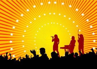 Musical group in concert on stage on white background