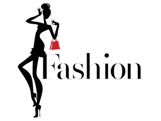 Black and white fashion woman silhouette with red bag, boutique logo, sale banner, shopping advertising. Hand drawn vector illustration art - 188090428