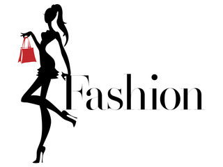 Black and white fashion woman silhouette with red bag, boutique logo, sale banner, shopping advertising. Hand drawn vector illustration art - 188090455