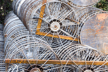 Old metal take up reel for film projector with arrange overlapping a lot of.