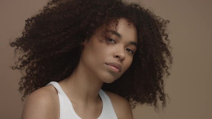 studio portrait of black model woman looking at camera, ideal skin concept huge afro curly hair