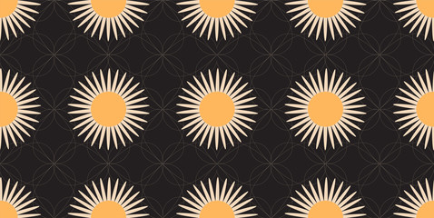Seamless Pattern with Stylized Daisy Fowers and White Lines on Black Background