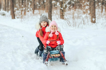Little children play and ride in the winter in the woods