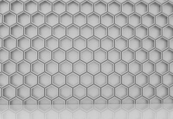 3d rendering. Stack of Modern Luxury Gray Hexagonal wall background with reflection on the floor.