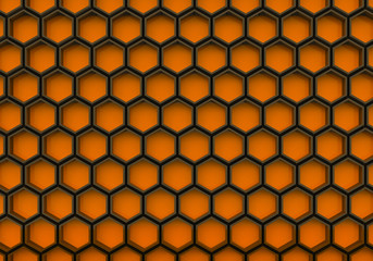 3d rendering. Black and Orange Hexagonal shape wall background.