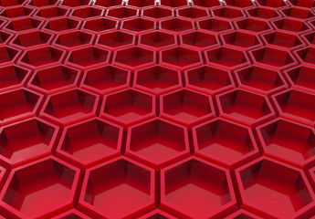 3d rendering. Stack of Luxury modern red hexagonal floor background in perspective view