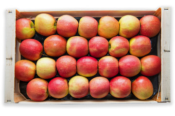 wooden crate with  red and yellow apples, on white background