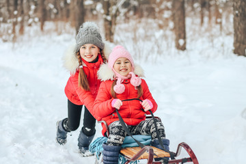 Two sisters ride a sled in the winter forest