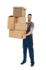Man with moving boxes on white background